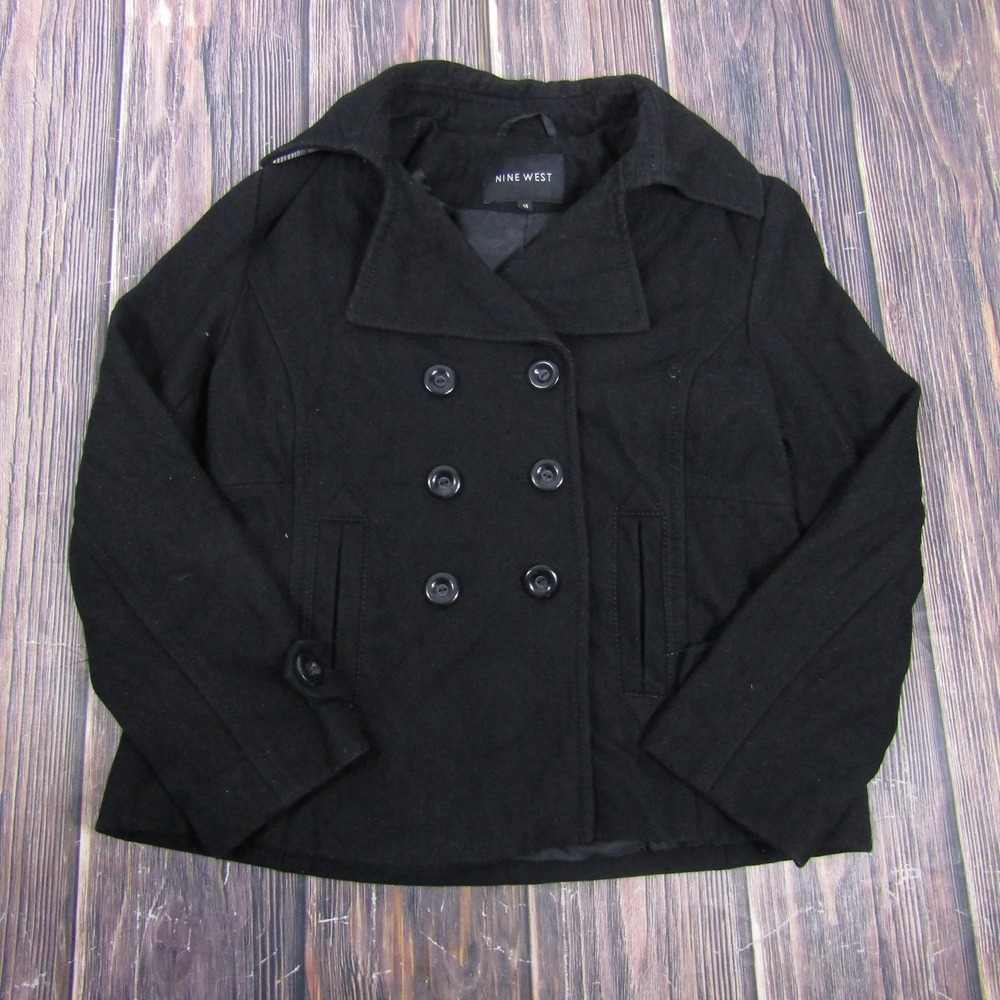Nine West Pea Coat Womens 14 Black Wool Blend Short Double Breasted Button Front